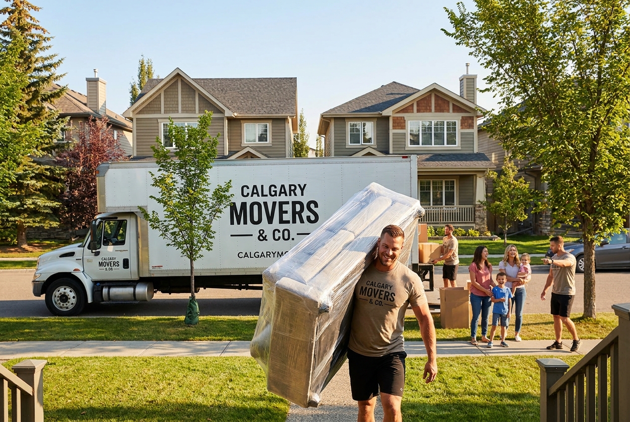 Two Calgary movers carrying a wrapped couch on their shoulders, suburban house driveway, large moving truck, blue sky, warm afternoon light, busy action shot
