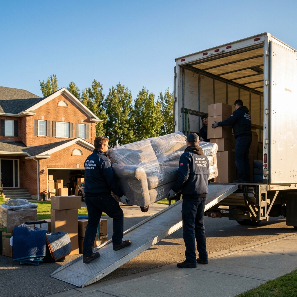 Two Calgary movers carrying a wrapped couch on their shoulders, suburban house driveway, large moving truck, blue sky, warm afternoon light, busy action shot